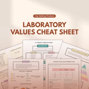 May include: A collection of educational cheat sheets with the title "LABORATORY VALUES CHEAT SHEET". The sheets cover topics like IV therapy complications, fall prevention, and arterial blood gas interpretation. The top of the image has the text "Top Selling Product".