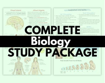 May include: A green and white study guide with the text "COMPLETE Biology STUDY PACKAGE" in black. The guide includes illustrations of the human body, the brain, and a fetus growing from 8 to 40 weeks.