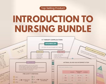 May include: An educational bundle titled "Introduction to Nursing" with various medical charts and diagrams. The charts cover topics like IV therapy complications, arterial blood gas interpretation, and fire safety mnemonics. The bundle is a top-selling product.