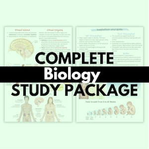 May include: A biology study package with diagrams and text. The image includes sections on the pineal gland, other organs, and gestation and birth. The text "COMPLETE Biology STUDY PACKAGE" is prominently displayed.
