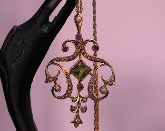 Antique 15 Carat Victorian Gold Openwork Pendant - Marked 15 Carat - Peridot, Rubies And Seed Pearls.