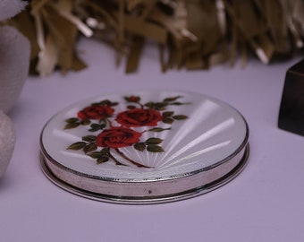 Silver & Guilloche Enamel Powder Compact 1950's Rose Decorated - Superb Condition - Gift Box