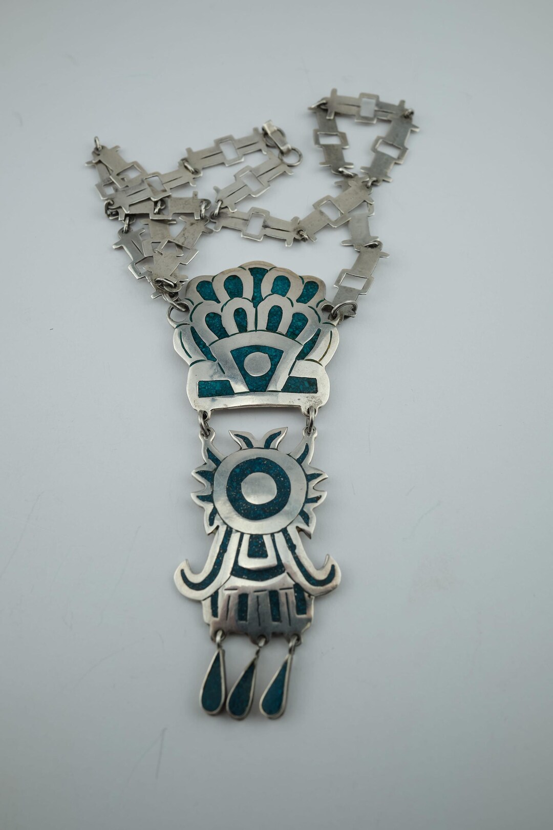 Vintage Mexican Silver Turquoise Necklace: Aztec Tribal Design - Etsy