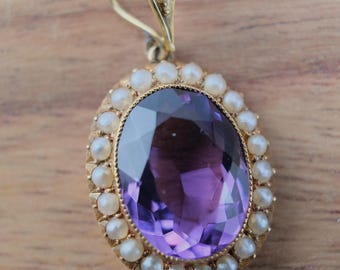 Victorian 15ct Gold Amethyst Seed Pearl Pendant - Art Nouveau