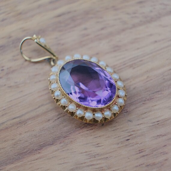 Victorian 15ct Gold Amethyst Seed Pearl Pendant - Art Nouveau