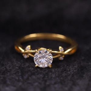 Handmade Round Lab Diamond Twig Engagement Ring, Nature Branch Wedding Ring, Diamond Twig Anniversary Ring, Nature 14K Yellow Gold Ring