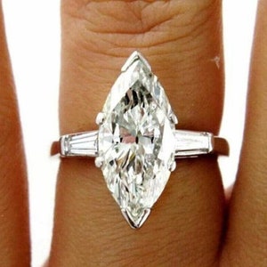 2 Ct Marquise Three Stone Moissanite Ring, 10K Solid Gold 3 Stone Engagement Ring, Side Stone Tapered Baguette Ring, Unique Anniversary Ring