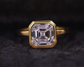 Asscher Cut Lab Grown Diamond Engagement Ring, Full Bezel Set Solitaire Wedding Ring, VVS Asscher Cut Solid Gold Anniversary Gift for Wife