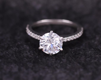 14K White gold round cut lab grown diamond 6 prong solitaire engagement ring for her anniversary rings proposal ring valentine gift for her
