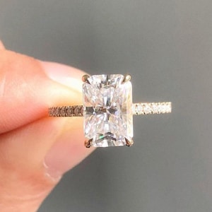 1.5 ct Radiant Cut Moissanite Ring, Radiant Engagement Ring, Bridal Pave & Hidden Halo Wedding Ring, Classic Prongs Ring, Bridal Ring
