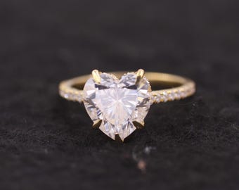 Lab Grown Diamond Engagement Ring, Yellow Gold Heart Cut Halo Solitaire IGI Certified Lab Diamond Ring, Anniversary Vintage Bridal Ring