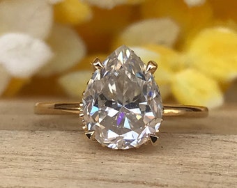 2.5 CT Pear Cut Moissanite Engagement Ring, Tear Drop Anniversary Gift, Dainty Bridal Ring, Hidden Halo Wedding Ring, Gift for Girlfriend