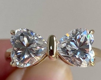 Lovable Heart Cut Bow Shape Moissanite Diamond Ring, Valentine Gift for Girlfriend, Proposal Ring, Anniversary Gift, Toi Et Moi Wedding Ring