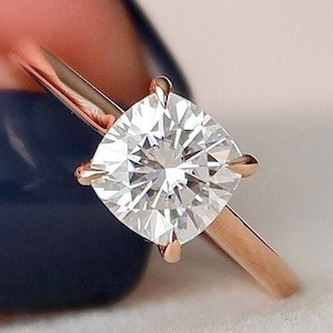 Forever One Cushion Cut Solitaire Engagement Ring 10k/14k/18k Rose Gold Moissanite Cushion Ring, Cushion Solitaire Ring, Gift for Girlfriend