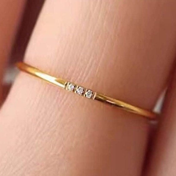 14k Solid Gold Minimalist Diamond Ring, 1.3MM Triple Stone Natural Diamond Ring, Promise Matching Ring, 10K 18K Gold Thin Gold Stacking Ring