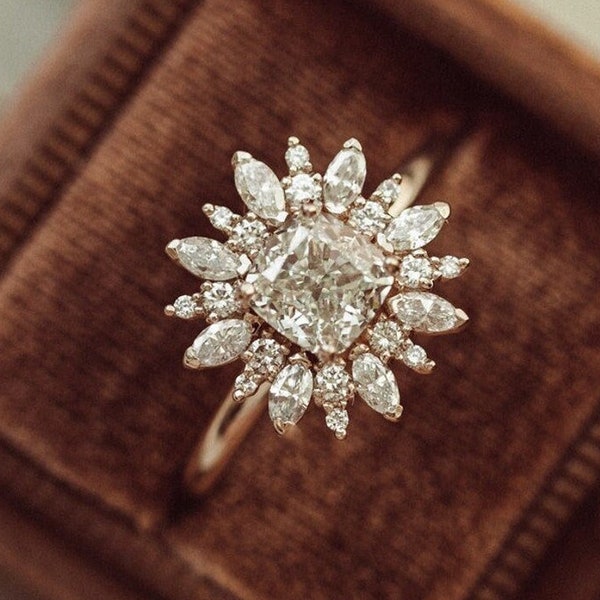 Sunburst Ring, Antique 1 CT Cushion & Marquise Cut Moissanite Engagement Ring, Art Deco Wedding Ring, Cluster Ring, Unique Bridal Ring Gift.