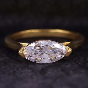 East West Marquise Cut Lab Grown Diamond Half Bezel Solitaire Engagement Ring, Unique Solitaire Diamond Ring,18K Yellow Gold Wedding Ring