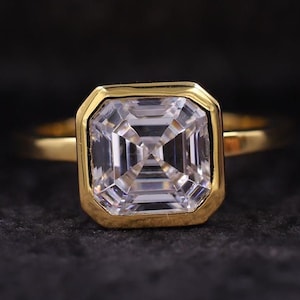 Asscher Cut Lab Grown Diamond Engagement Ring, Full Bezel Set Solitaire Wedding Ring, VVS Asscher Cut Solid Gold Anniversary Gift for Wife