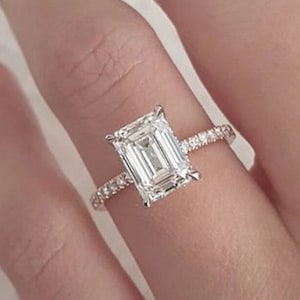 2 Ct Emerald Cut Moissanite Engagement Ring, Hidden Halo Ring, Dainty Bridal Ring, Anniversary Gift, Promise Ring, Ring for Women.