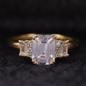 Emerald Cut Lab Grown Diamond 7 Stone Engagement Ring, Side Blue Sapphire Birthstone Ring, Wedding Ring for Her, IGI Certified Diamond Ring