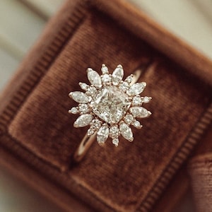Sunburst Ring, Antique 1 CT Cushion & Marquise Cut Moissanite Engagement Ring, Art Deco Wedding Ring, Cluster Ring, Unique Bridal Ring Gift.