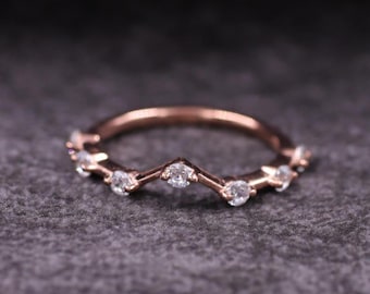 Round Cut Lab Grown Diamond Curved Ring, Distance Pave Set CVD Diamond Bridal Matching Band, 10K Rose Gold Minimalist Curved Band For Wife