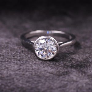 Round Bezel Solitaire Ring, Round Lab Grown Diamond Cut Bezel Ring, 14K Yellow Gold Bezel Set Ring, Gift for Her, Minimal Bezel Ring for Her