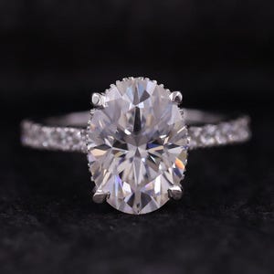 Oval Cut Lab Grown Diamond Solitaire Ring, Round Cut Pave Set Diamond Accent Ring, Conflict Free Diamond Halo Ring For Wedding Gift for Wife