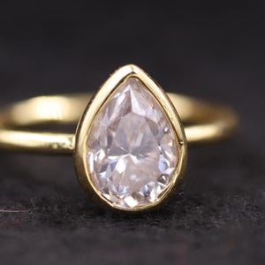 Pear Cut Lab Grown Diamond Bezel Set Wedding Ring, 14K Solid Gold Solitaire Ring, Engagement Ring For Women, Anniversary Ring Gift For Wife