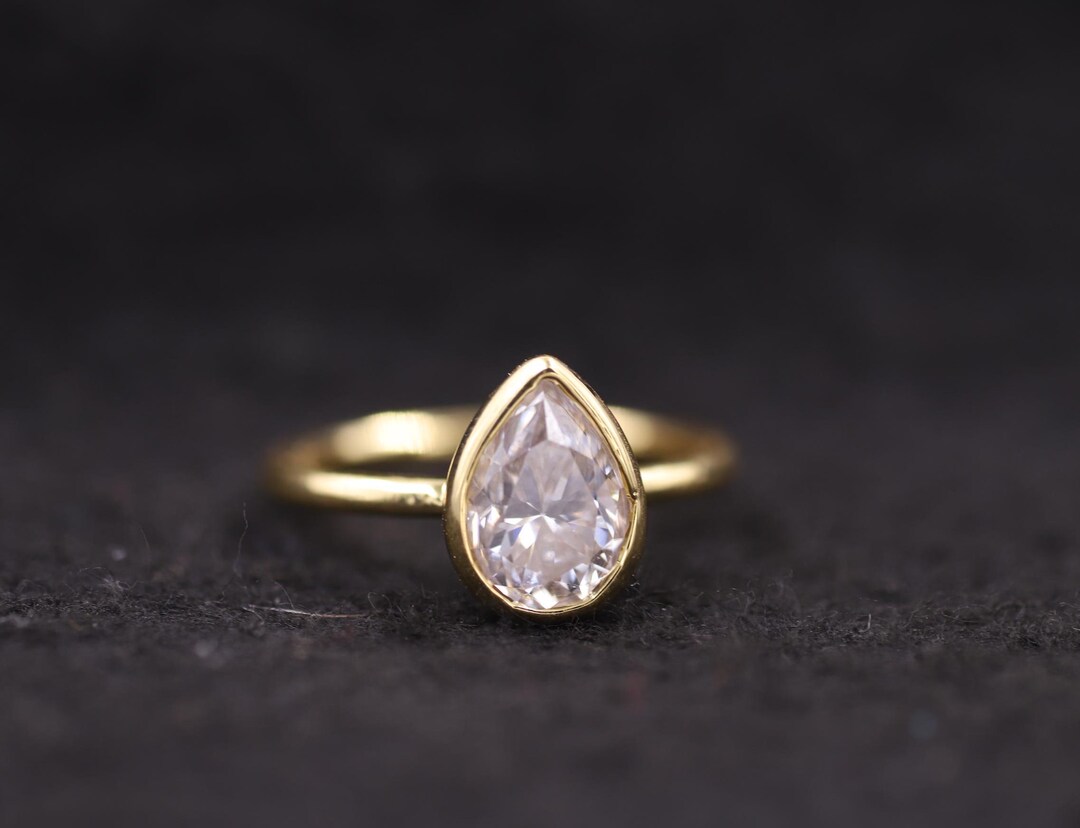 Pear Cut Lab Grown Diamond Bezel Set Wedding Ring, 14K Solid Gold ...