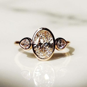 3.0 CT Oval Cut Bezel Set Engagement Ring, Three Stone Moissanite Wedding Ring, Side Pear Stone Promise Ring Forever Classic Gift For Women