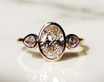 Diamond Jewelry, Oval Cut Moissanite Ring, Full Bezel Engagement Ring, Three Stone Wedding Ring, Pear Side Stone Ring, Forever Promise Ring