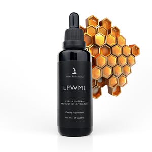May include: A black glass bottle with a dropper top and a black label. The label reads "ANIMA BOTANICALS LPWML PURE & NATURAL PRODUCT OF APICULTURE Dietary Supplement Net. Wt. 1.69 oz (50ml)". The bottle is sitting on a white surface with a honeycomb pattern behind it.