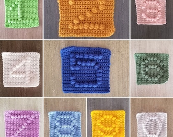 Numbers Afghan Squares Crochet Pattern Bundle, PDF Download, Bobble Afghan Square