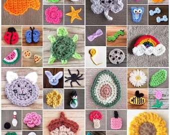 Crochet Appliques Pattern Bundle, PDF Download, 40 Patterns for Animals, Flowers, and More