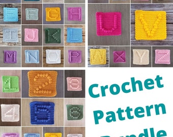 May include: A crochet pattern bundle featuring alphabet letters and numbers. Each letter and number is crocheted in a different colour, including pink, blue, green, yellow, and purple. The letters and numbers are arranged in a grid pattern on a wooden surface. The text "Crochet Pattern Bundle" is displayed in large, teal letters.
