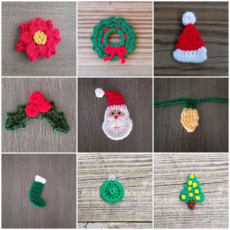 May include: A collection of nine crocheted Christmas decorations, including a wreath, a Santa Claus, a stocking, a Christmas tree, a poinsettia, a holly sprig, a lightbulb, and two baubles. The decorations are all made with different colours of yarn and are displayed on a wooden background.