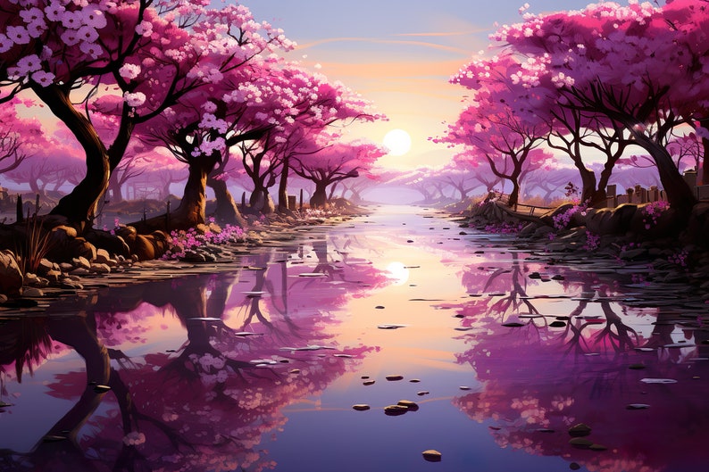 Sakura Art/sunrise Art/cherry Blossom Landscape/spring Wall Art/cherry ...