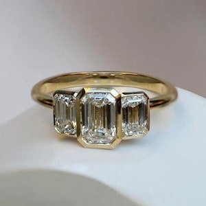 Emerald Cut Moissanite Wedding Ring, 14K Yellow Gold Three Stone Ring, Trilogy Bezel Set Engagement Ring, Emerald Anniversary Ring Gift