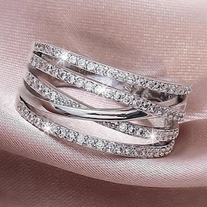 Criss Cross Micro Pave Moissanite Round Band, Round Cut Colorless Moissanite Engagement Ring, 14K Solid White Gold Crossover Wedding Band