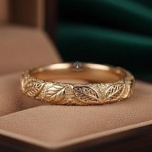 Leaves Pattern Vintage Inspired Sand Blasted Band, 14k Solid Gold Eternity Wedding Band, Anniversary Gift for Women/Her, Handmade Jewelry
