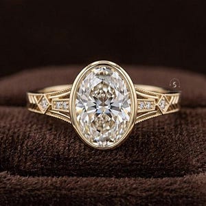 Vintage Milgrain Set Bezel Setting, Oval Cut Lab Grown Diamond Engagement Ring, 14K Yellow Gold Art Deco Ring, 1920's Promise Ring for Women