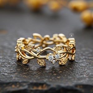 14K Yellow Gold Vine Leaf Ring, Round Cut Moissanite Floral Full Eternity Band, Nature Inspired Wedding Ring, Unique Anniversary Gift Ring
