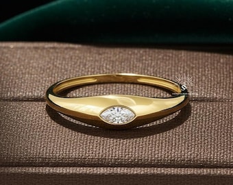 Anillo minimalista estilo cúpula con diamante cultivado en laboratorio, solitario con corte marquesa, anillo de compromiso, anillo de aniversario de oro de 14 quilates, anillo de regalo para pedir matrimonio a ella