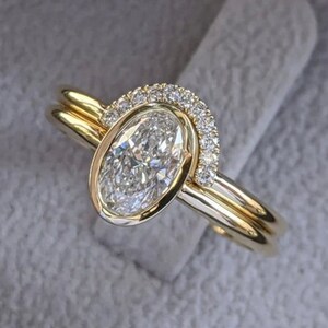 2.5 CT Oval Cut Moissanite Engagement Ring Sets, 14K Yellow Gold Bezel Set Ring Sets, Curved Wedding Gold Band, Anniversary Gift For Her