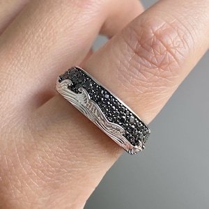 Black Diamond Wedding Band In 14K White Gold, Wave Style Full Eternity Band, Beach Style Stacking Ring, Cluster Wide Band for Men or Women