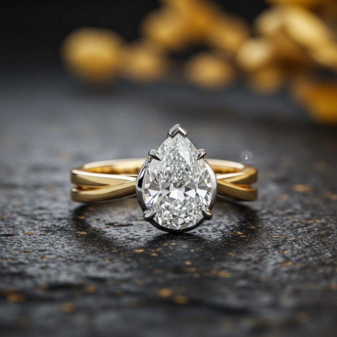 3 CT Pear Cut Moissanite Engagement Ring, 14K Two Tone Gold Half Bezel ...