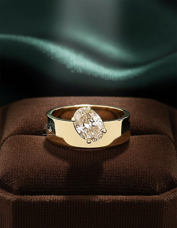 2 CT Oval Cut Canary Yellow Gemstone Lab Grown Ring, 14K Gold Off Side Diamond Solitaire Ring, Cigar Wide Band, Engagement Ring for Her