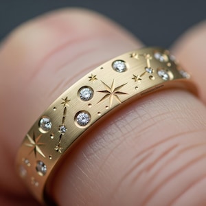 Celestial Moissanite Flush Setting Band, 14K Gold Round Cut Star Shape Ring, Stacking Eternity Wide Wedding Band, Unique Engagement Ring