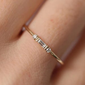 Horizontal Three Stone Baguette Shape Ring, Baguette Cut Moissanite Engagement Ring, 14K Solid Yellow Gold Ring, Wedding Ring For Women